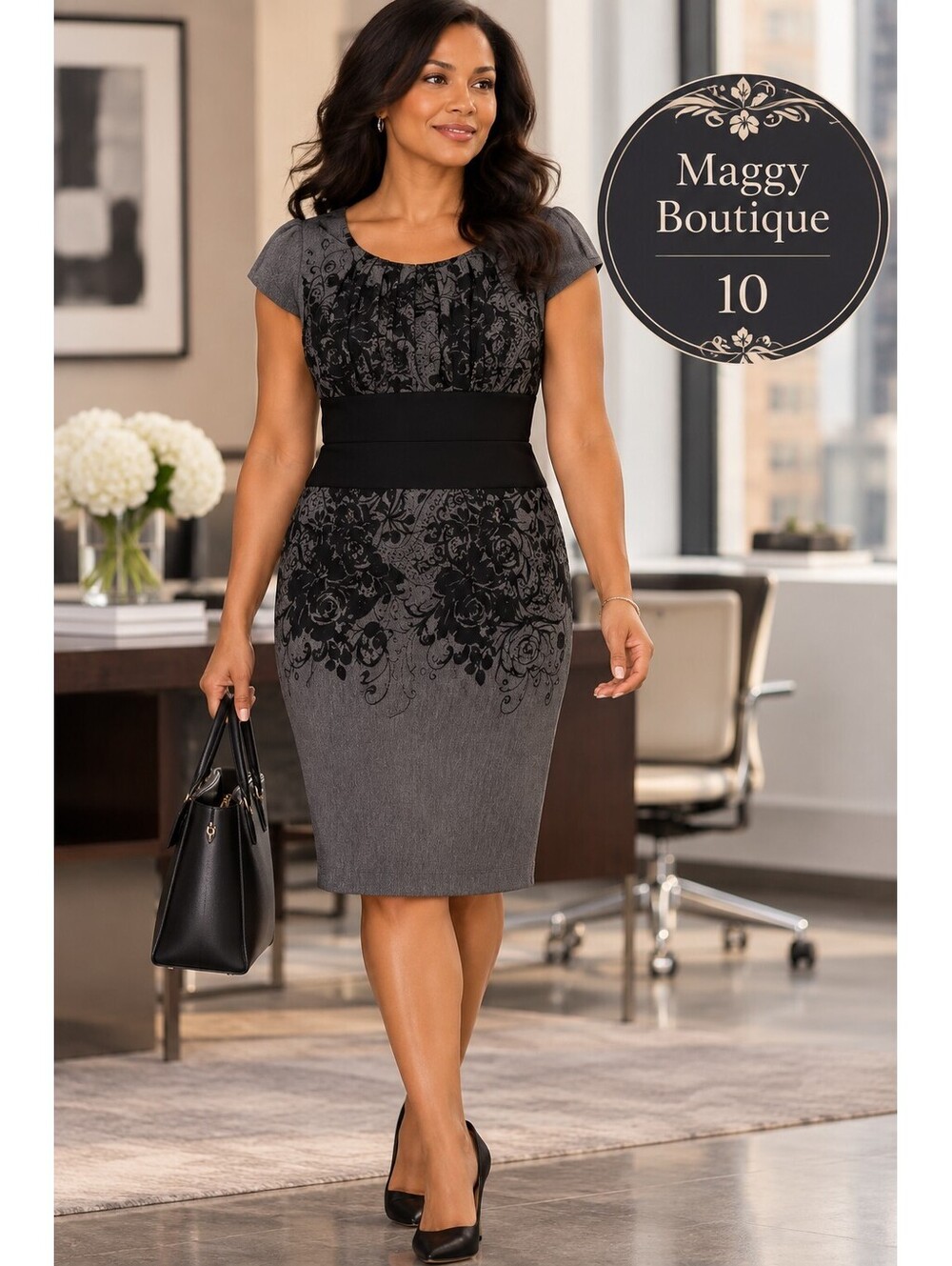 Suzi Chin for Maggy Boutique | 10 | Gray Flocked Floral Sheath